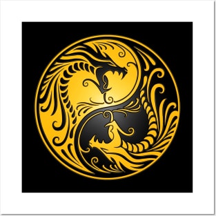 Yellow and Black Yin Yang Dragons Posters and Art